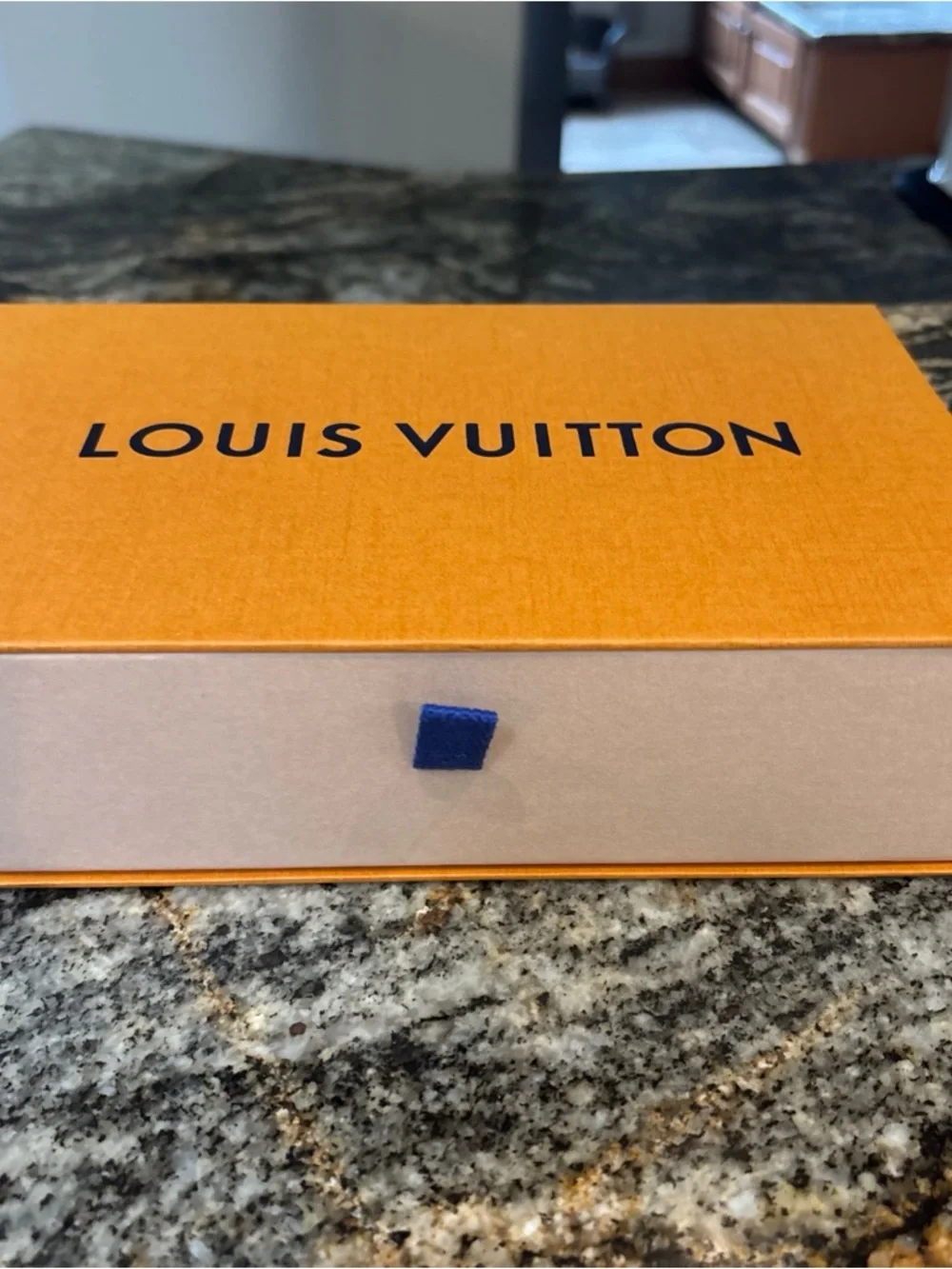Louis Vuitton Orange Box with Navy Logo and Beige Base